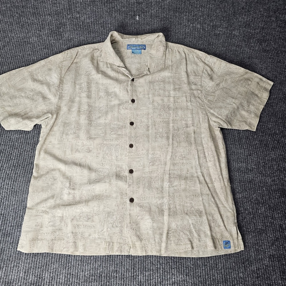 Bermuda Bay Shirt Mens XL Beige Tropical Hawaiian Silk Short Sleeve Button Front